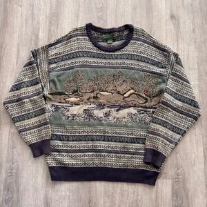 Vintage Clubfellow Mens Golf Scene Knit Sweater Large Green Cotton Fair Isle Lg